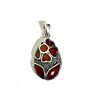 New Sterling Silver Carnelian Marcasite Flower Pendant 925